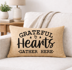 Grateful Hearts Gather Here – Faith-Inspired Linen Throw Pillow