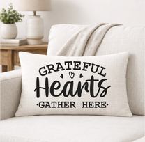 Grateful Hearts Gather Here – Faith-Inspired Linen Throw Pillow