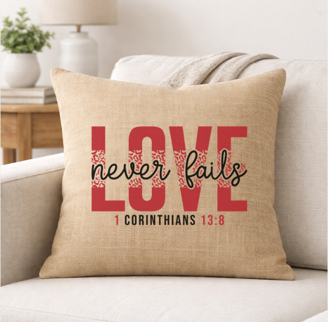Love Never Fails – Faith-Inspired Linen Throw Pillow