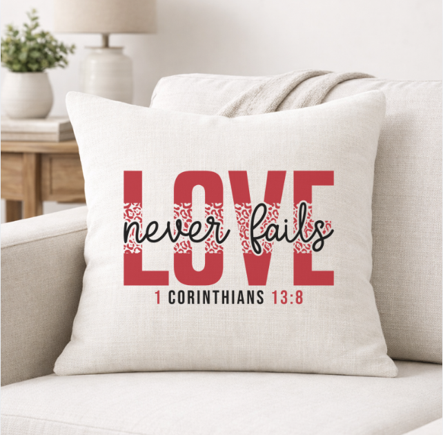 Love Never Fails – Faith-Inspired Linen Throw Pillow
