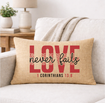Love Never Fails – Faith-Inspired Linen Throw Pillow