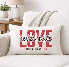 Love Never Fails – Faith-Inspired Linen Throw Pillow