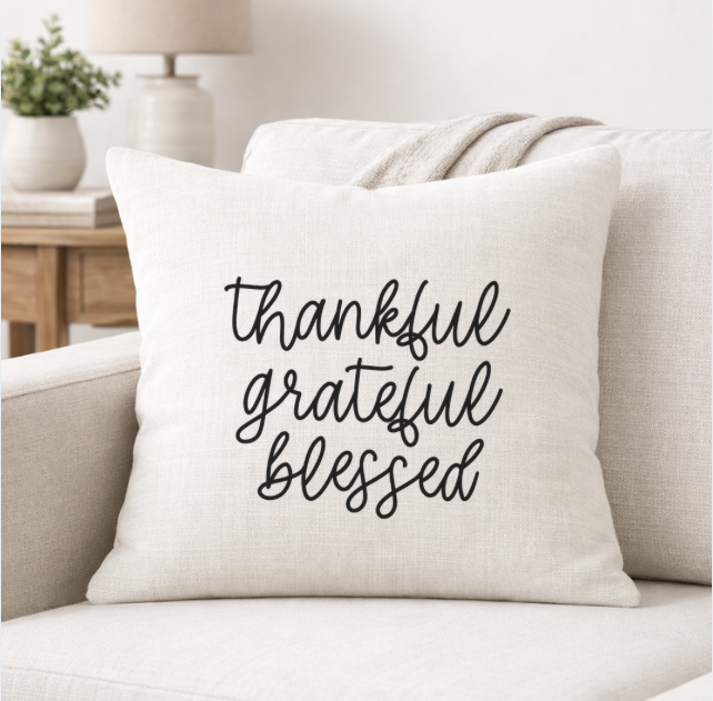Thankful Grateful Blessed – Faith-Inspired Linen Throw Pillow