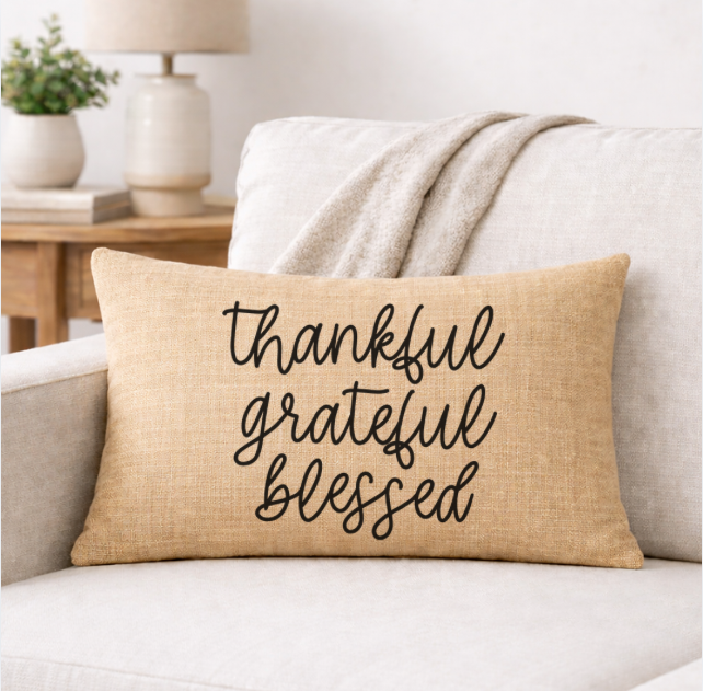 Thankful Grateful Blessed – Faith-Inspired Linen Throw Pillow
