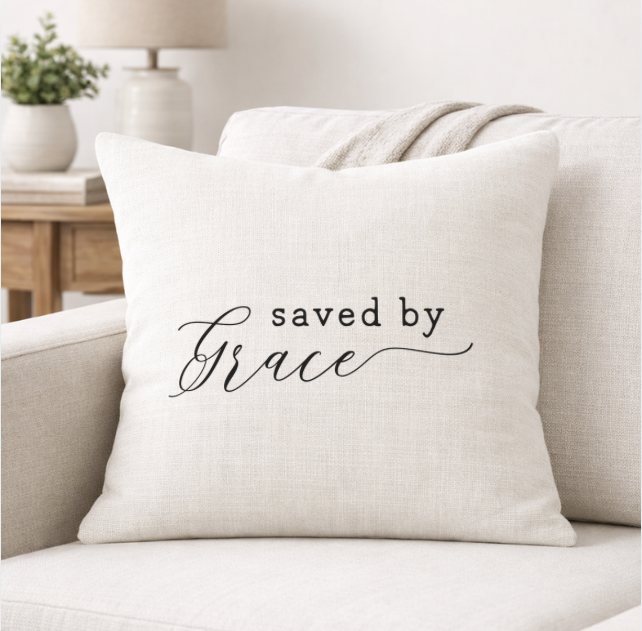 Saved By Grace – Faith-Inspired Linen Throw Pillow
