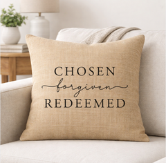 Chosen Forgiven Redeemed – Faith-Inspired Linen Throw Pillow