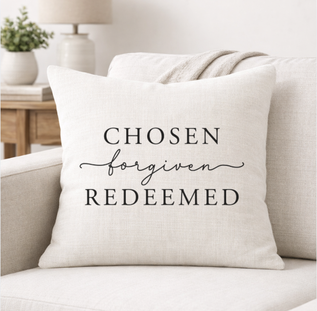 Chosen Forgiven Redeemed – Faith-Inspired Linen Throw Pillow