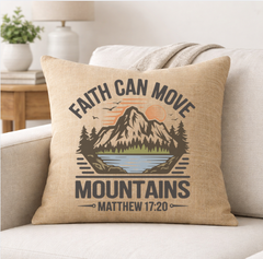 Faith Can Move Mountains – Faith-Inspired Linen Throw Pillow