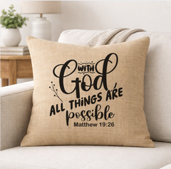 With God All Things Are Possible– Faith-Inspired Linen Throw Pillow