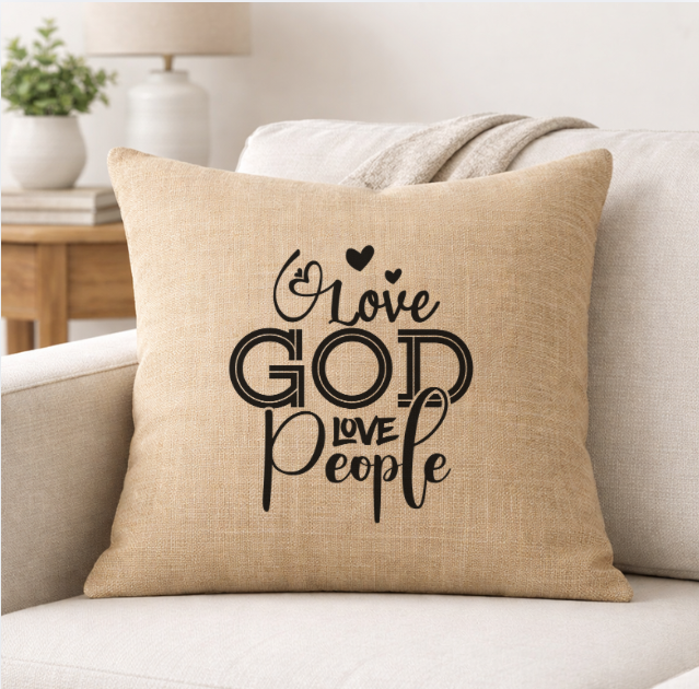 Love God, Love People – Faith-Inspired Linen Throw Pillow