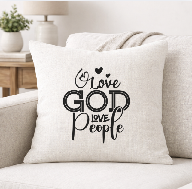 Love God, Love People – Faith-Inspired Linen Throw Pillow