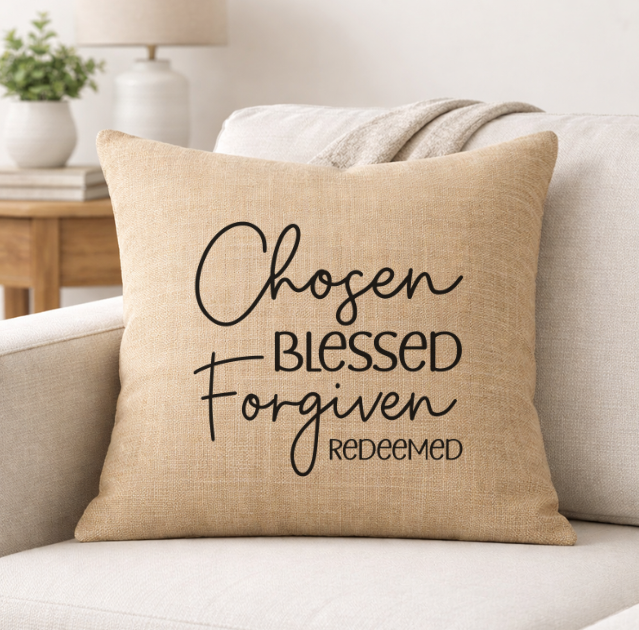 Chosen Blessed Forgiven Redeemed – Faith-Inspired Linen Throw Pillow