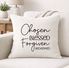 Chosen Blessed Forgiven Redeemed – Faith-Inspired Linen Throw Pillow