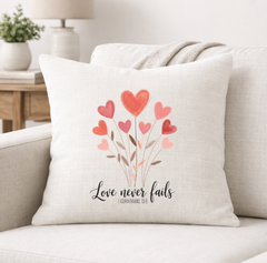 Love Never Fails – Faith-Inspired Linen Throw Pillow