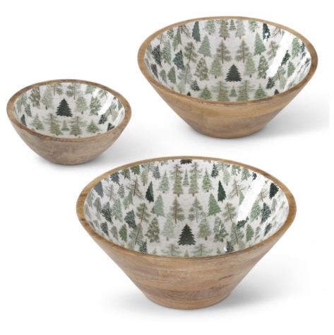 Wood Bowls W/ Christmas Trees Enameled Interiors