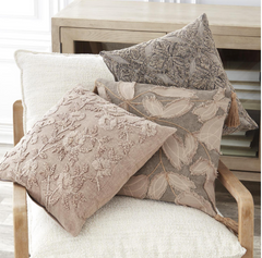 20 Inch Cotton Stone Washed Taupe Floral Embroidered Pillow