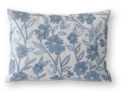 18 Inch Square White Linen & Blue Embroidered Floral Pillow