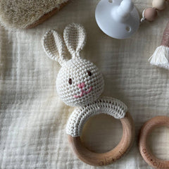 Baby Teething Toy Bunny Rattle Wood Ring Crochet