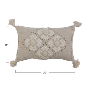 Cotton & Linen Blend Lumbar Pillow w/ Embroidery & Tassels