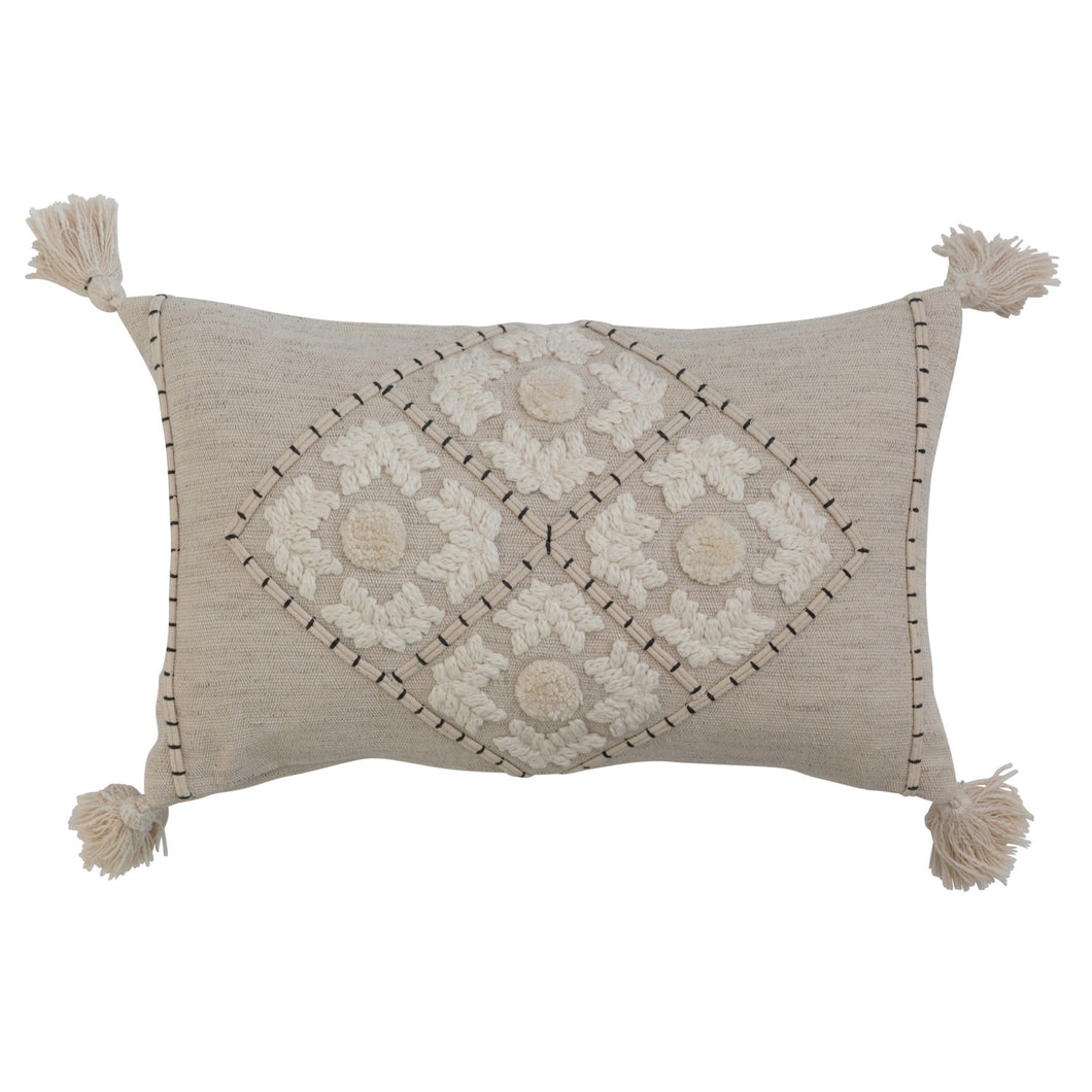Cotton & Linen Blend Lumbar Pillow w/ Embroidery & Tassels