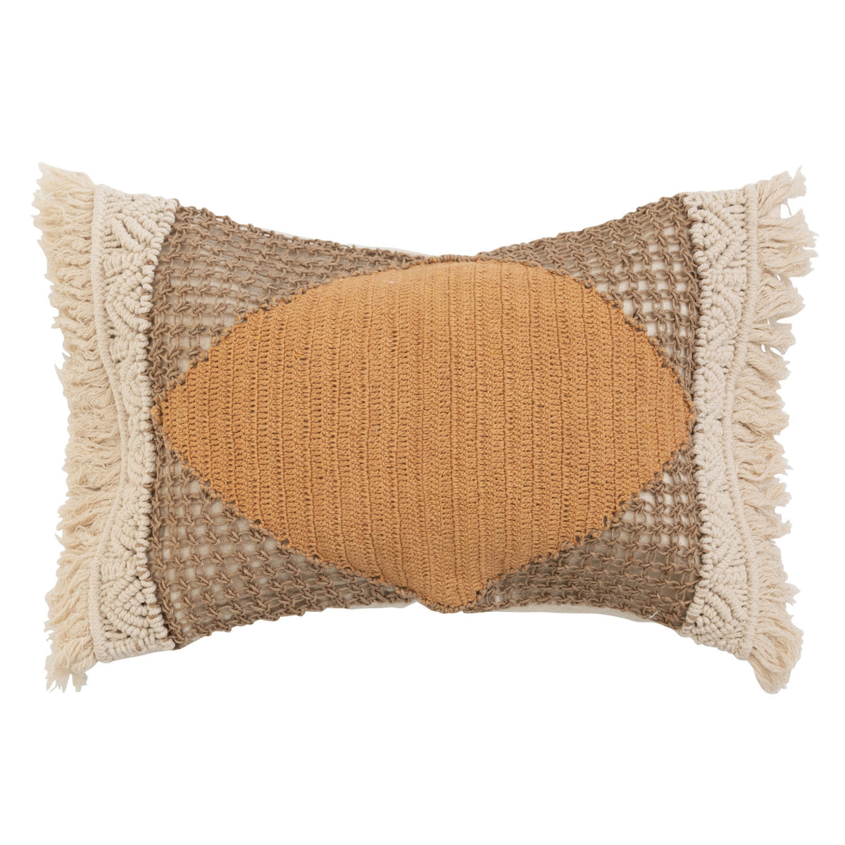 Woven Cotton &amp; Jute Lumbar Pillow w/ Macrame