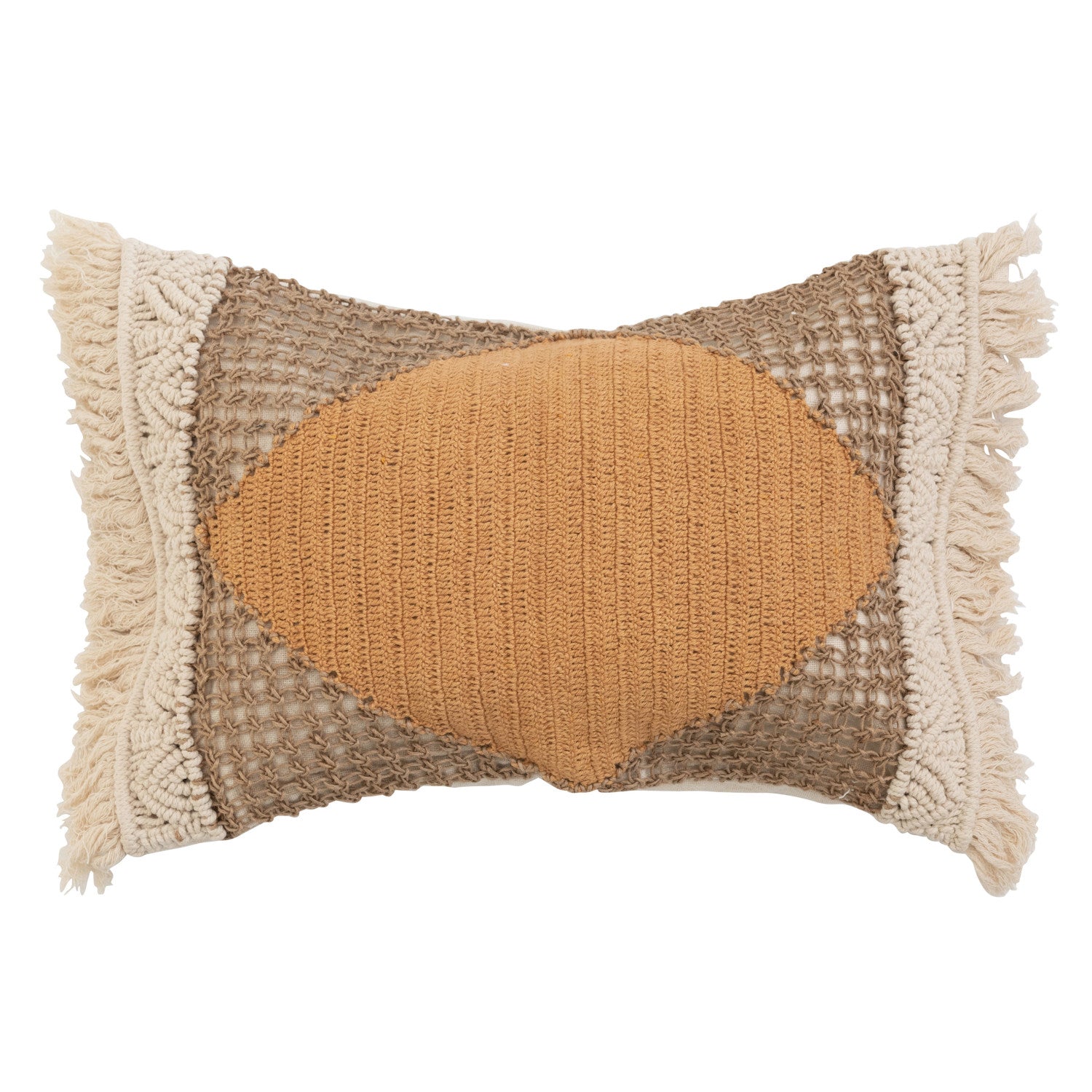 Woven Cotton &amp; Jute Lumbar Pillow w/ Macrame