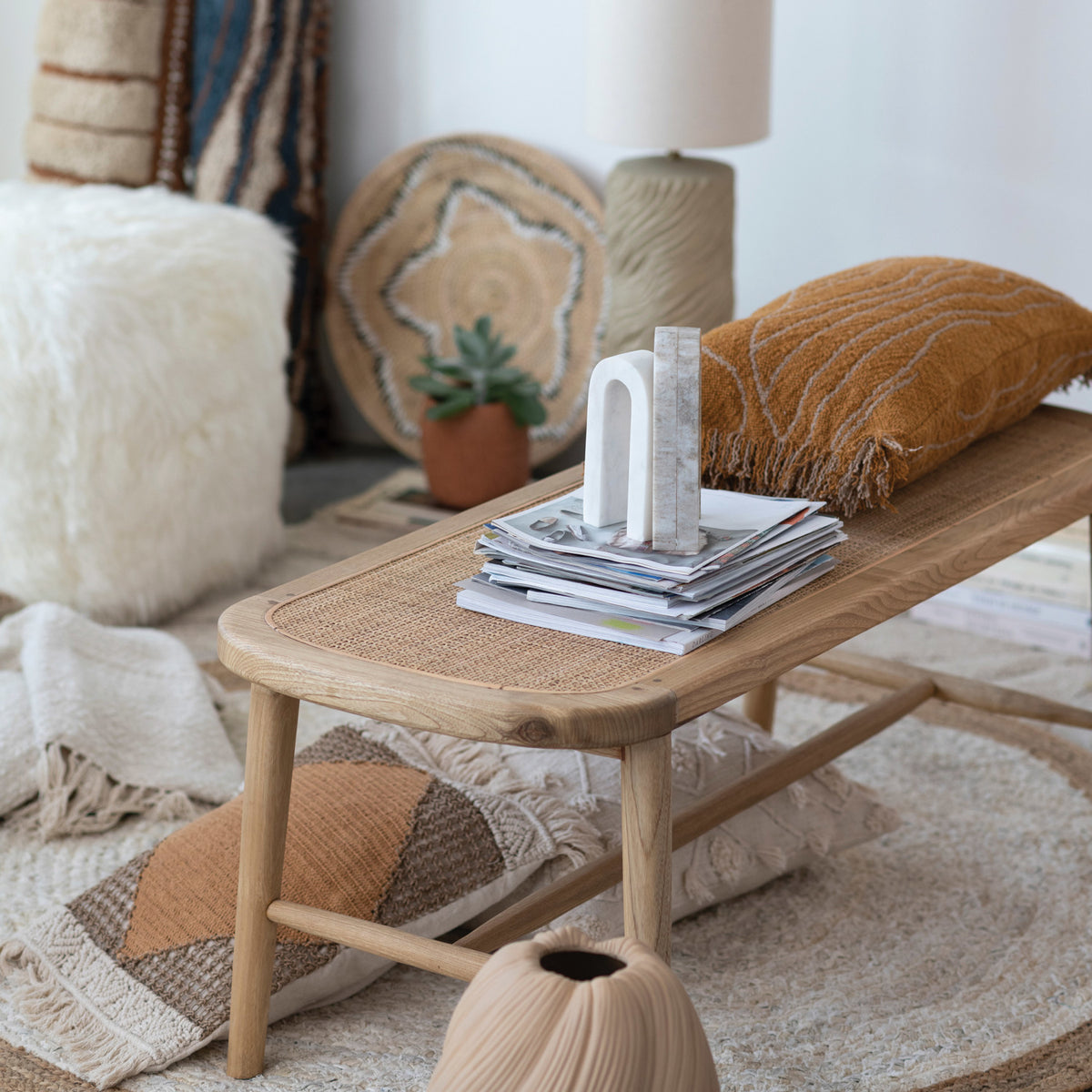 Woven Cotton &amp; Jute Lumbar Pillow w/ Macrame