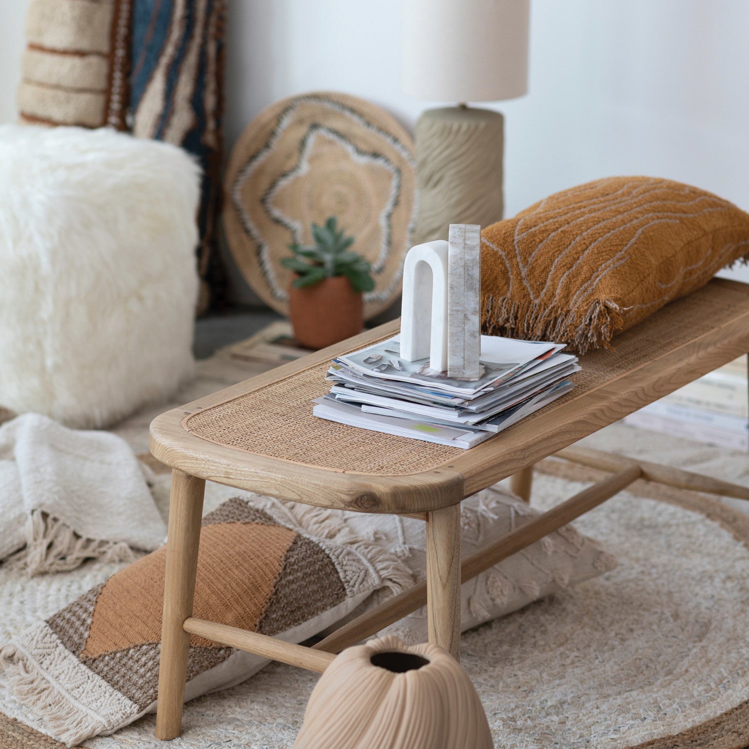 Woven Cotton &amp; Jute Lumbar Pillow w/ Macrame