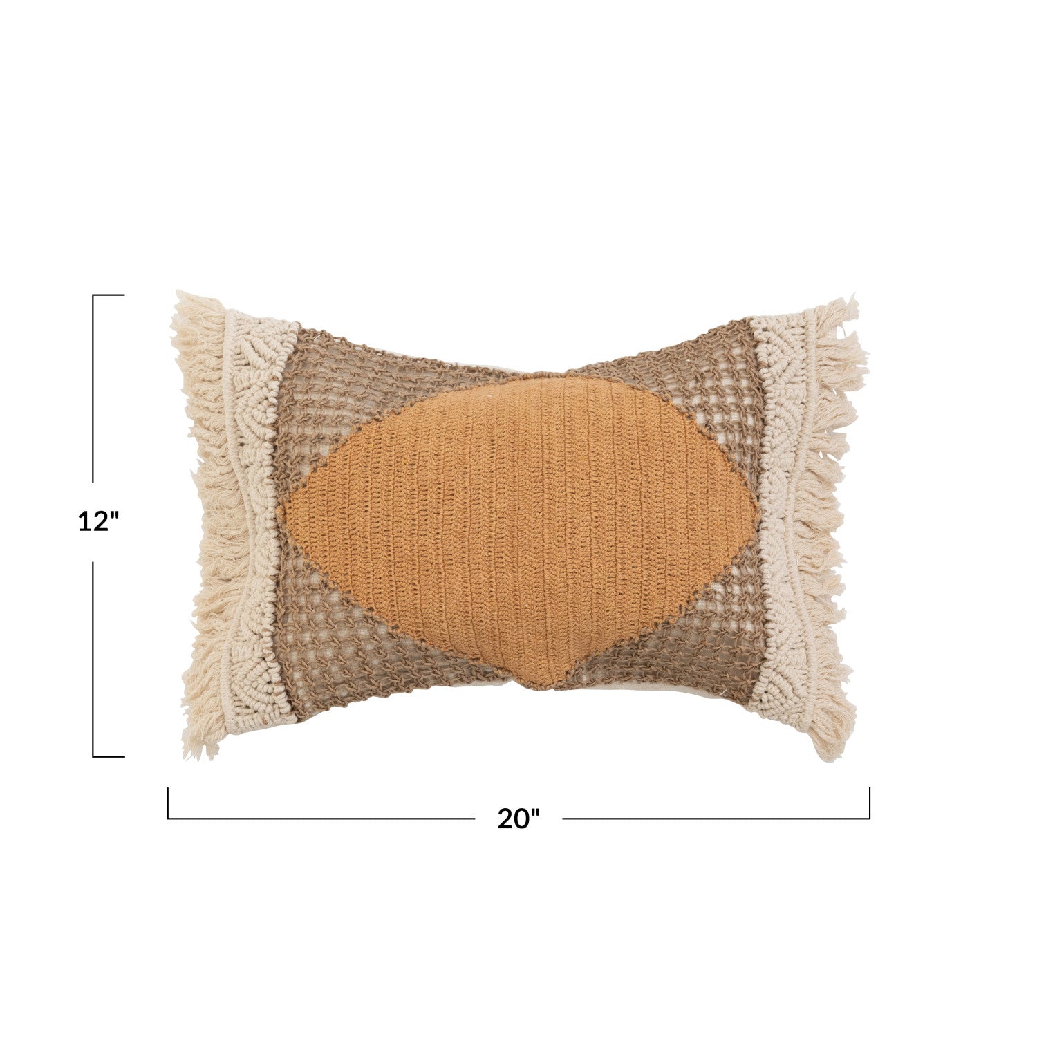 Woven Cotton &amp; Jute Lumbar Pillow w/ Macrame