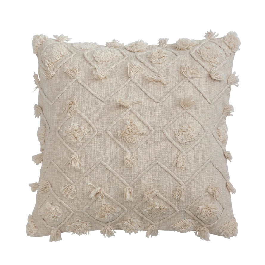 Cotton Slub Pillow w/ Diamond Embroidery, Tubing &amp; Fringe