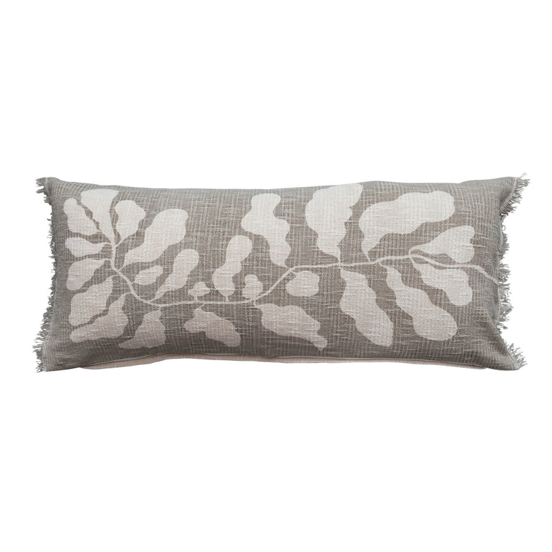 Cotton Lumbar Pillow w/ Botanical Print & Fringe, Sage Color & Natural