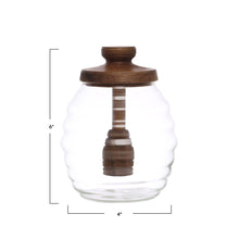 Load image into Gallery viewer, Glass Honey Jar w/ Acacia Wood Lid &amp; Attached Honey Dipper