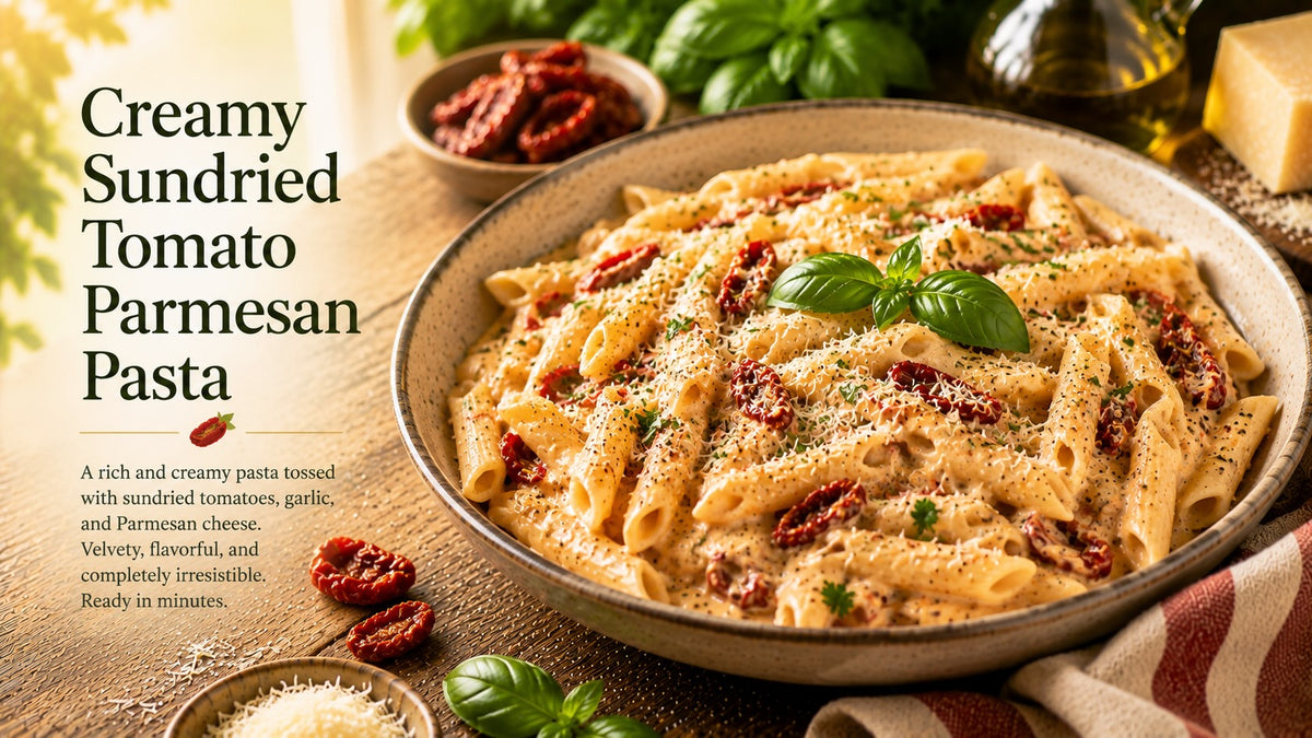 Olive Tree Marketplace recipe — Creamy sundried tomato parmesan pasta — penne in a creamy sauce with sundried tomatoes, basil and grated parmesan