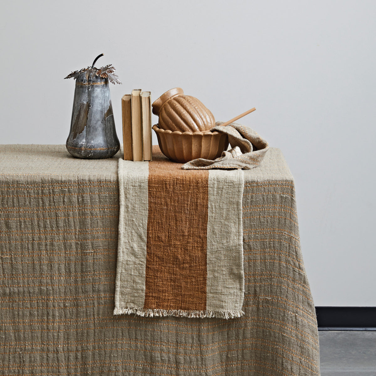 Cotton &amp; Linen Table Runner w/ Stripe &amp; Fringe