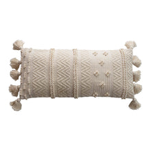 Load image into Gallery viewer, Woven Cotton Lumbar Pillow with Pom Poms