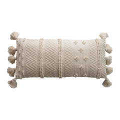 Woven Cotton Lumbar Pillow with Pom Poms