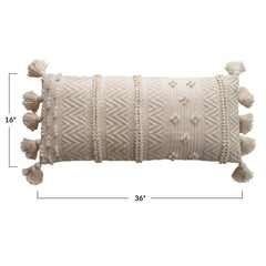 Woven Cotton Lumbar Pillow with Pom Poms