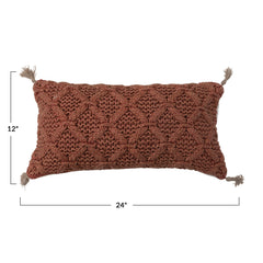 Woven Cotton Slub Lumbar Pillow w/ Diamond Pattern & Jute Tassels