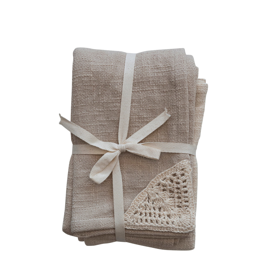 Woven Cotton Tea Towels w/ Crochet Corner