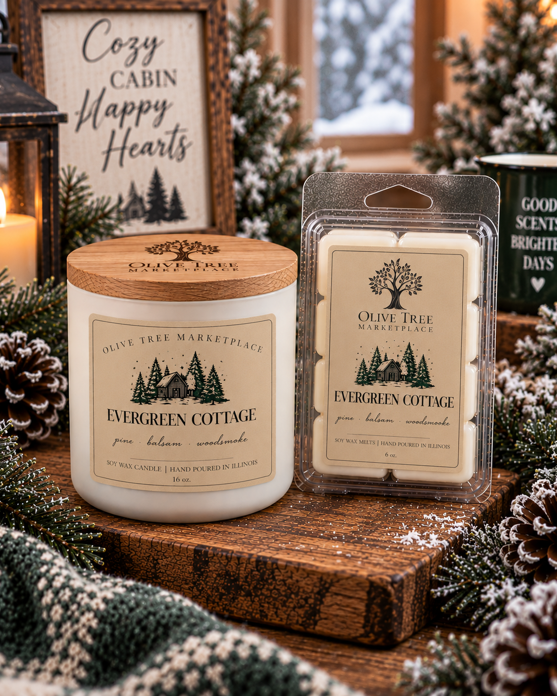 Evergreen Cottage 16 oz candle and 6 oz wax melt in Simply Elegant packaging