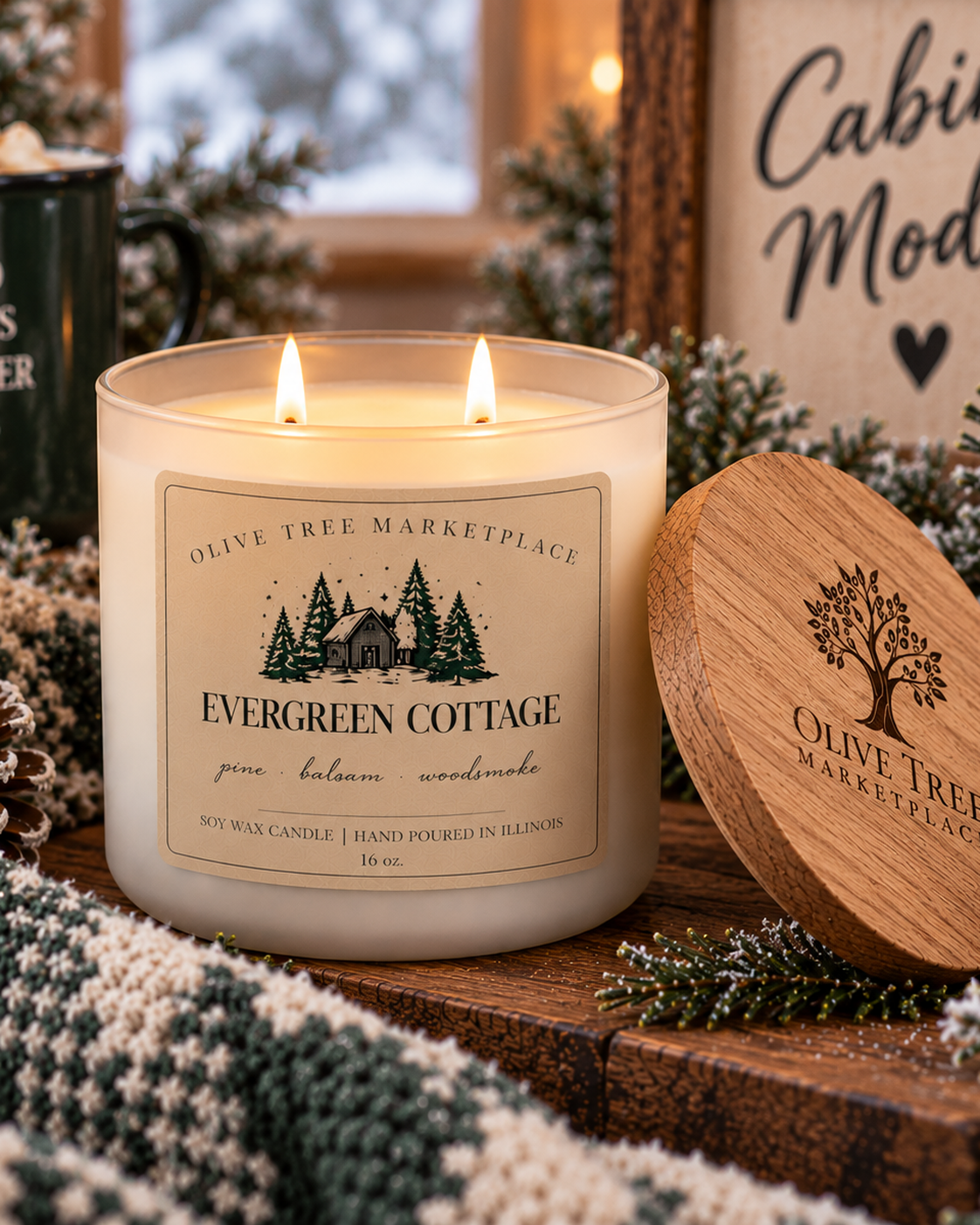 Evergreen Cottage 16 oz Simply Elegant soy candle with oak lid