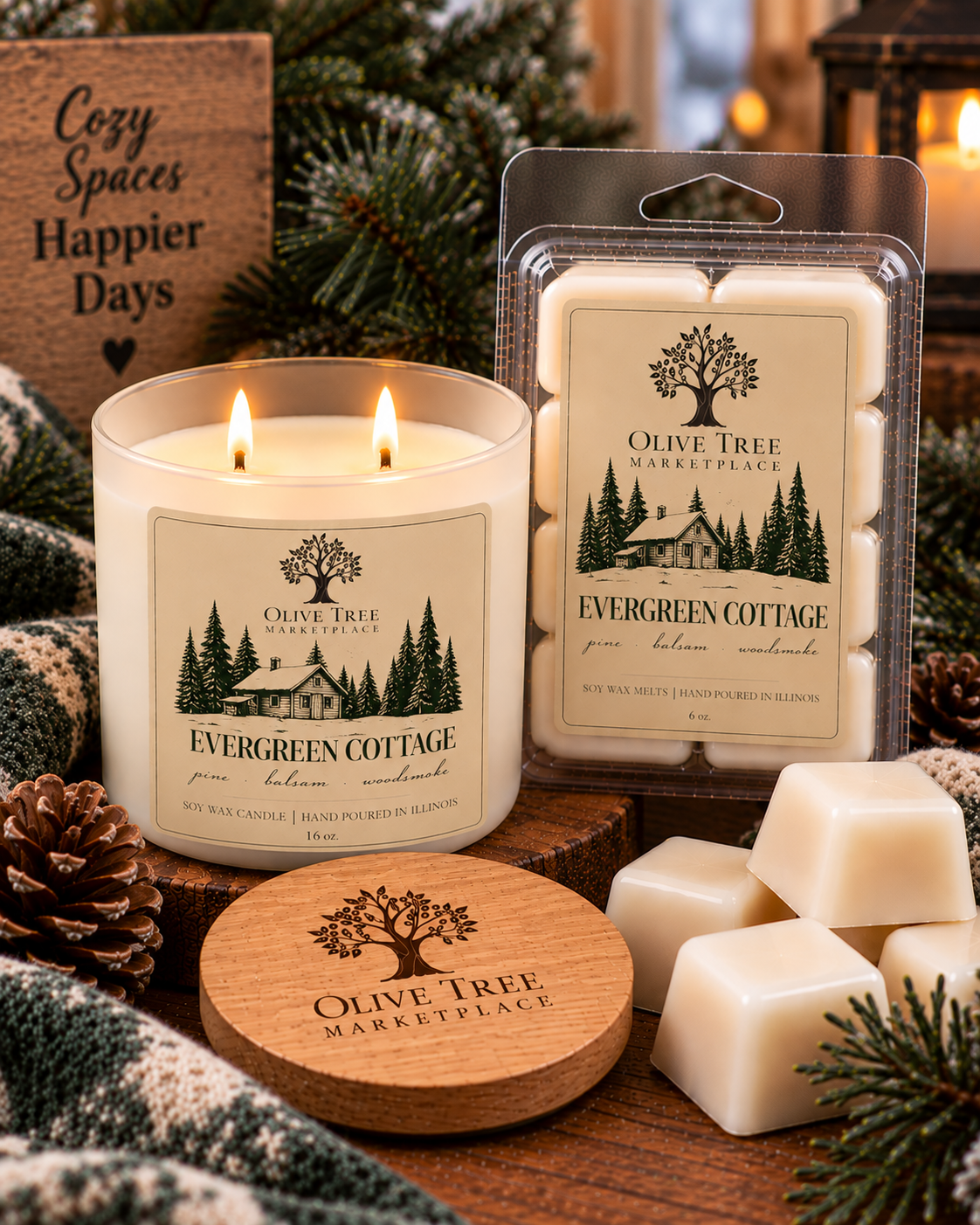 Evergreen Cottage Simply Elegant candle and wax melt packaging detail