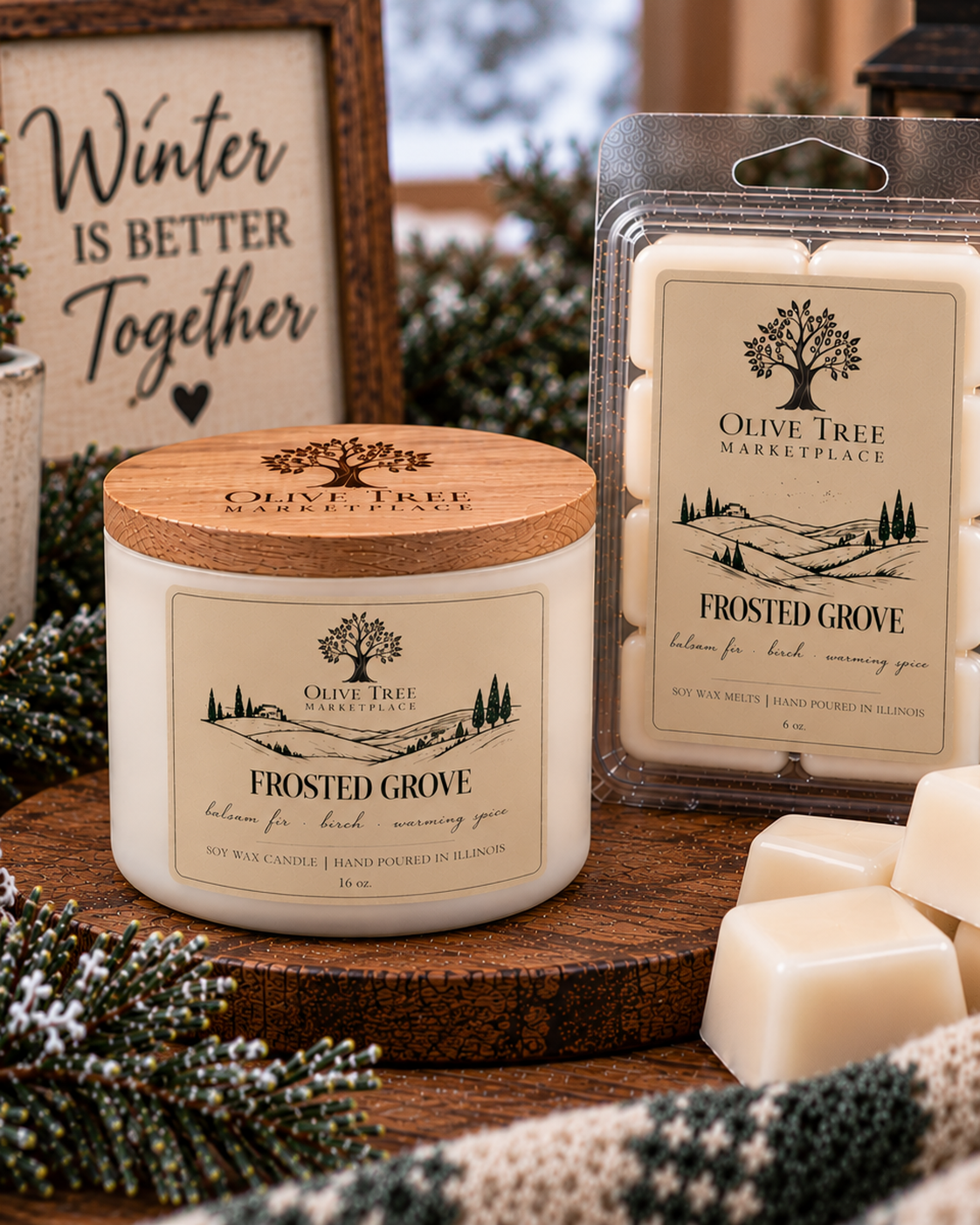 Frosted Grove 16 oz candle and 6 oz wax melt in Simply Elegant packaging