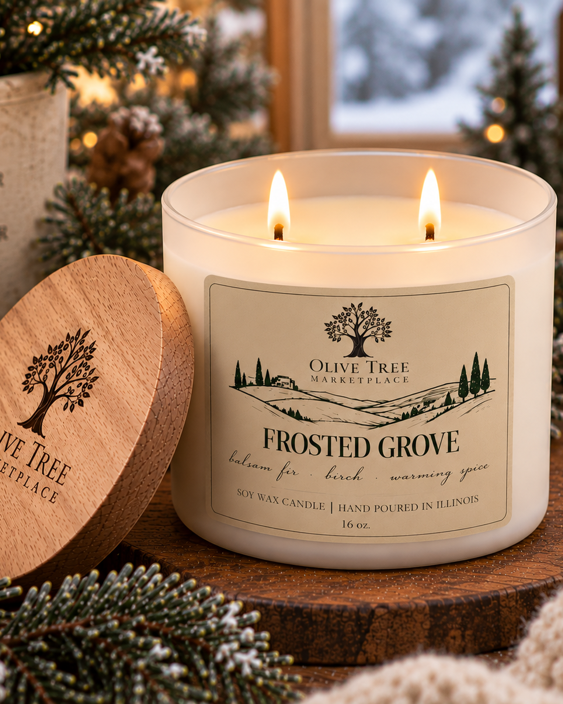 Frosted Grove 16 oz Simply Elegant soy candle with oak lid