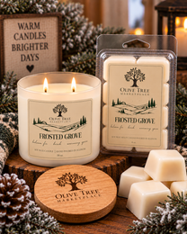 Frosted Grove Simply Elegant candle and wax melt packaging detail