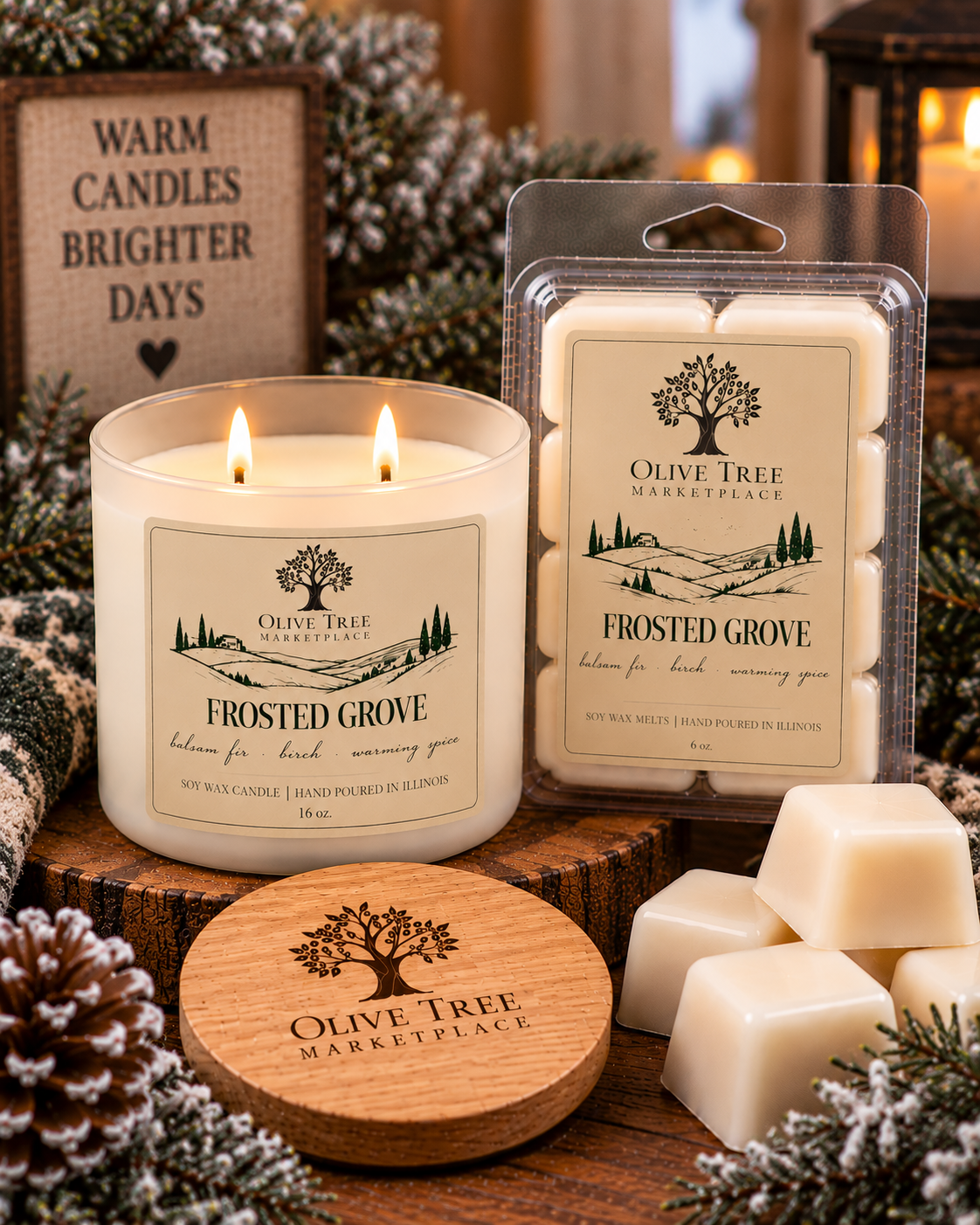 Frosted Grove Simply Elegant candle and wax melt packaging detail