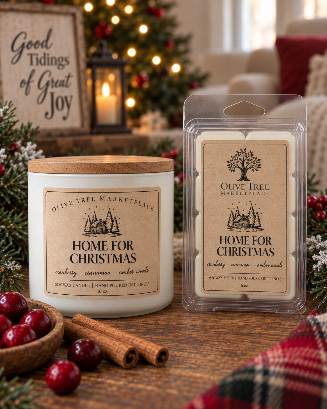 Home for Christmas 16 oz candle and 6 oz wax melt in Simply Elegant packaging