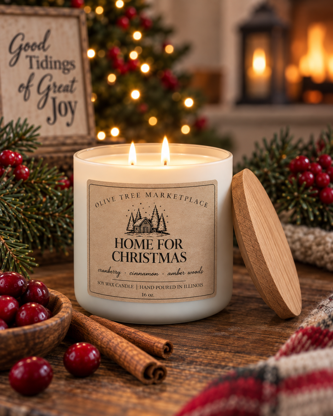 Home for Christmas 16 oz Simply Elegant soy candle with oak lid
