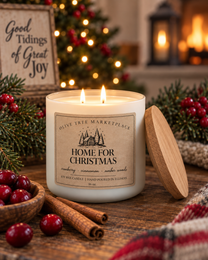Home for Christmas 16 oz Simply Elegant soy candle with oak lid