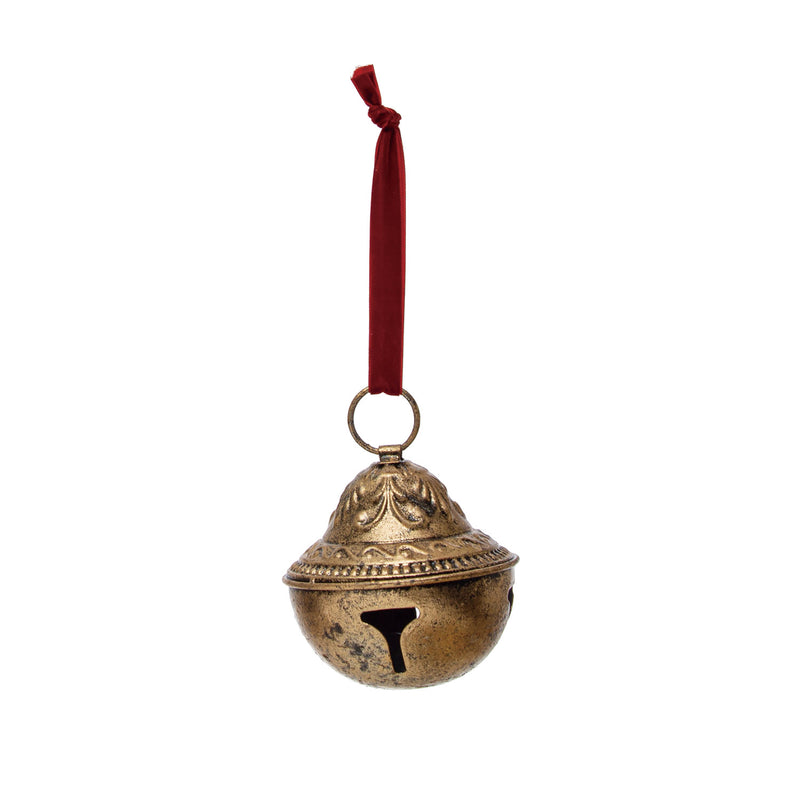 Round Embossed Metal Sleigh Bell With Velvet Ribbon